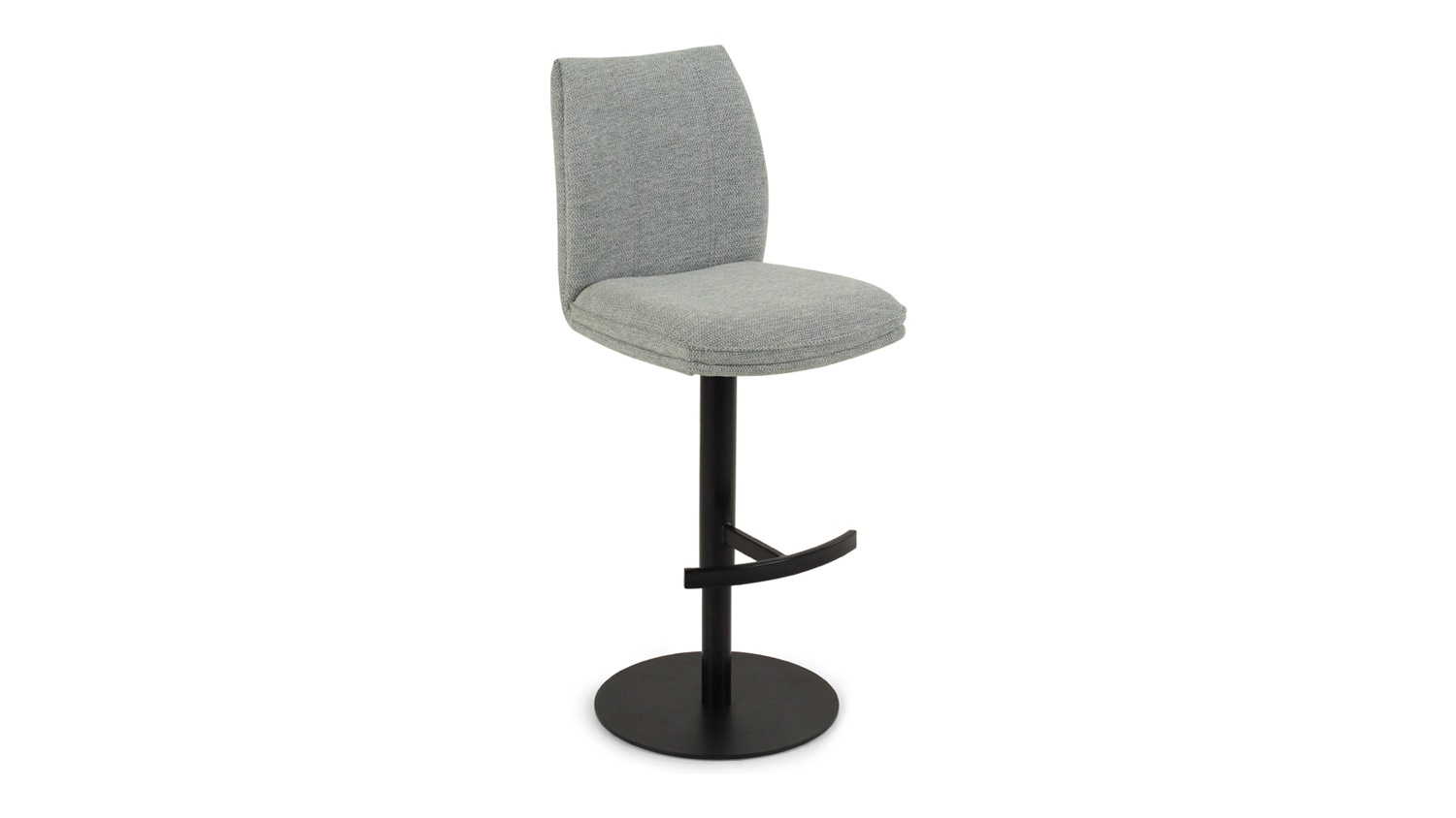 A silver upholstered bar stool with a cushioned seat and curved backrest, supported by a black metal pedestal base