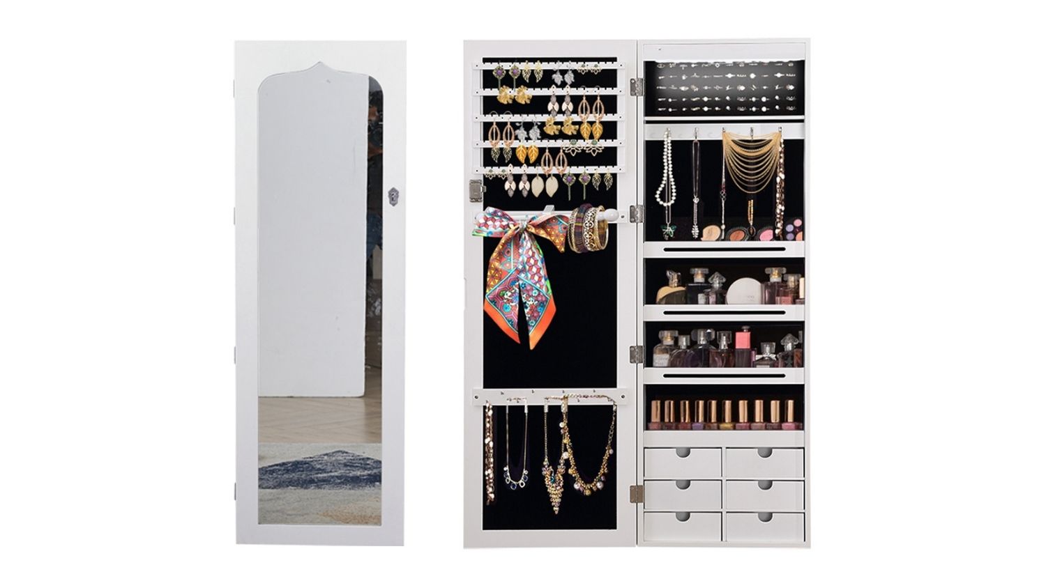 A front view of the Pretty and Practical Vertical Mirror with LEDs, Integrated Jewellery Box