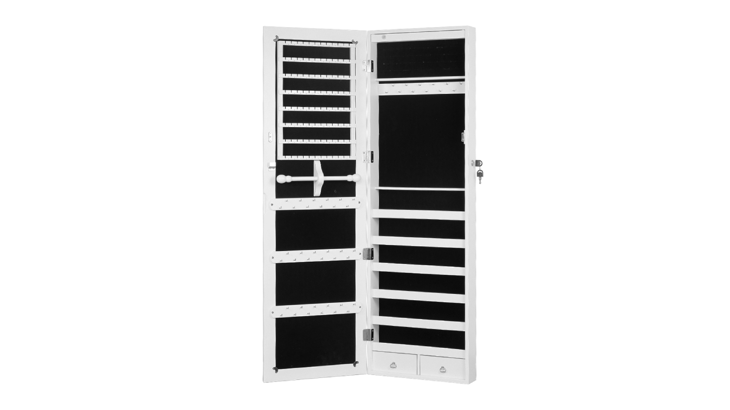 Open white jewellery cabinet with black interior shelves, hooks, and organisers
