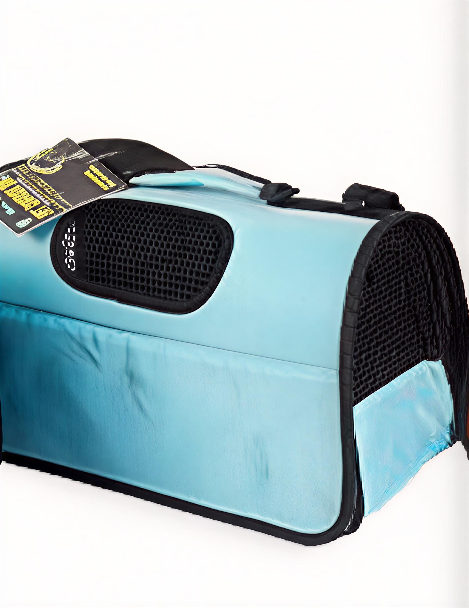 A light blue pet carrier soft‑sided pet carrier with mesh windows and a top handle