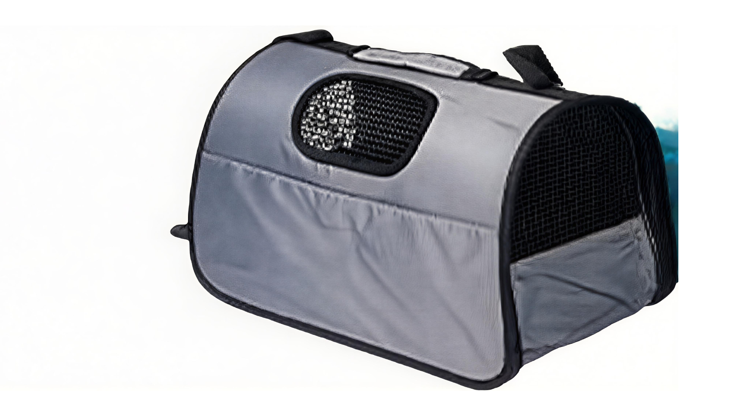 A grey pet carrier soft‑sided pet carrier with mesh windows and a top handle