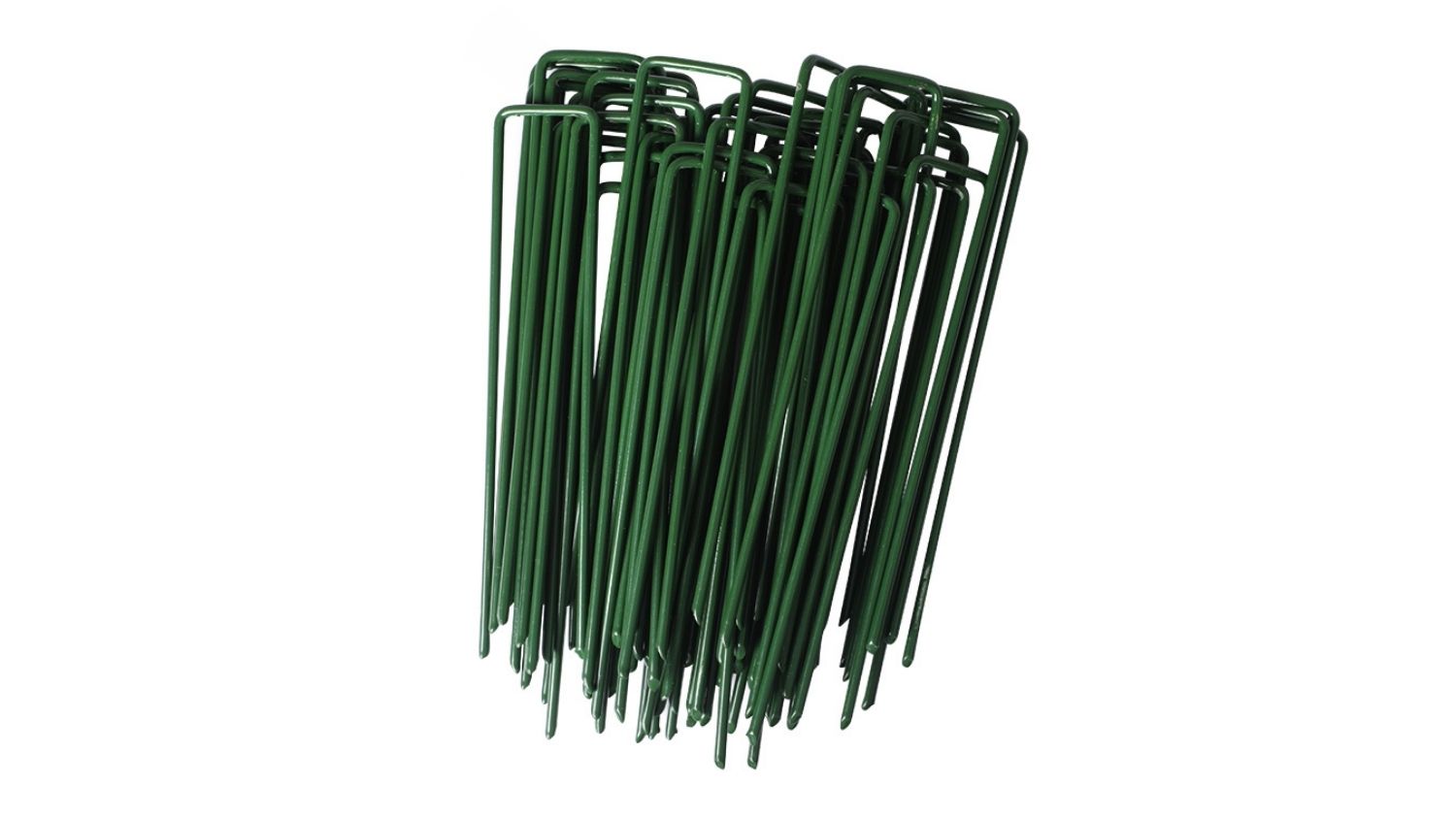 A bundle of green U‑shaped synthetic grass pegs made from coated steel, shown stacked together