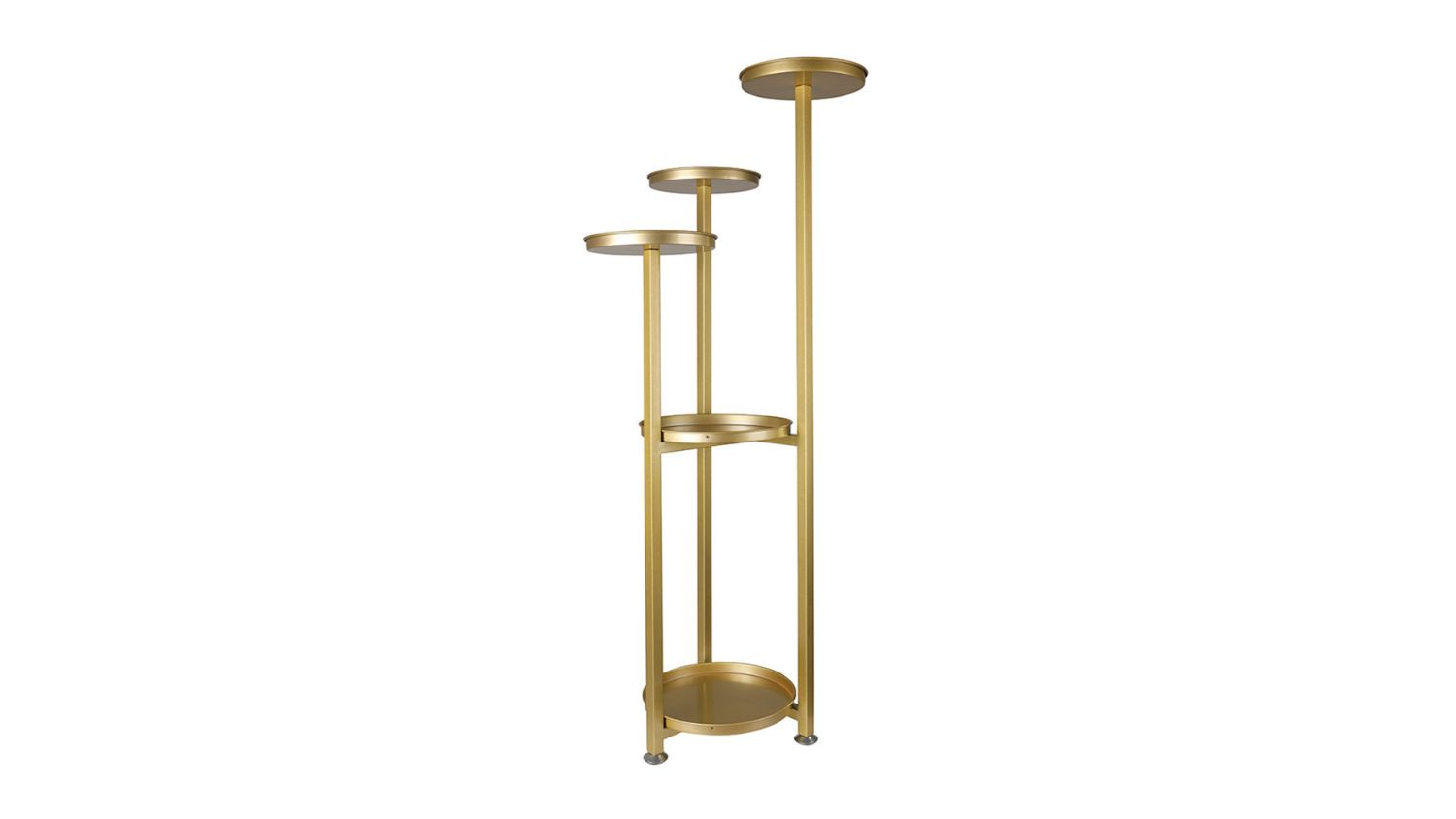 A gold metal plant stand with five round tiers at varying heights