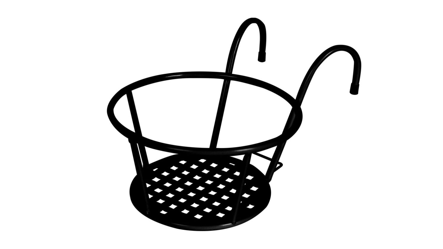 Black metal hanging pot plant holder with a round frame, a grid base, and two curved hooks for mounting