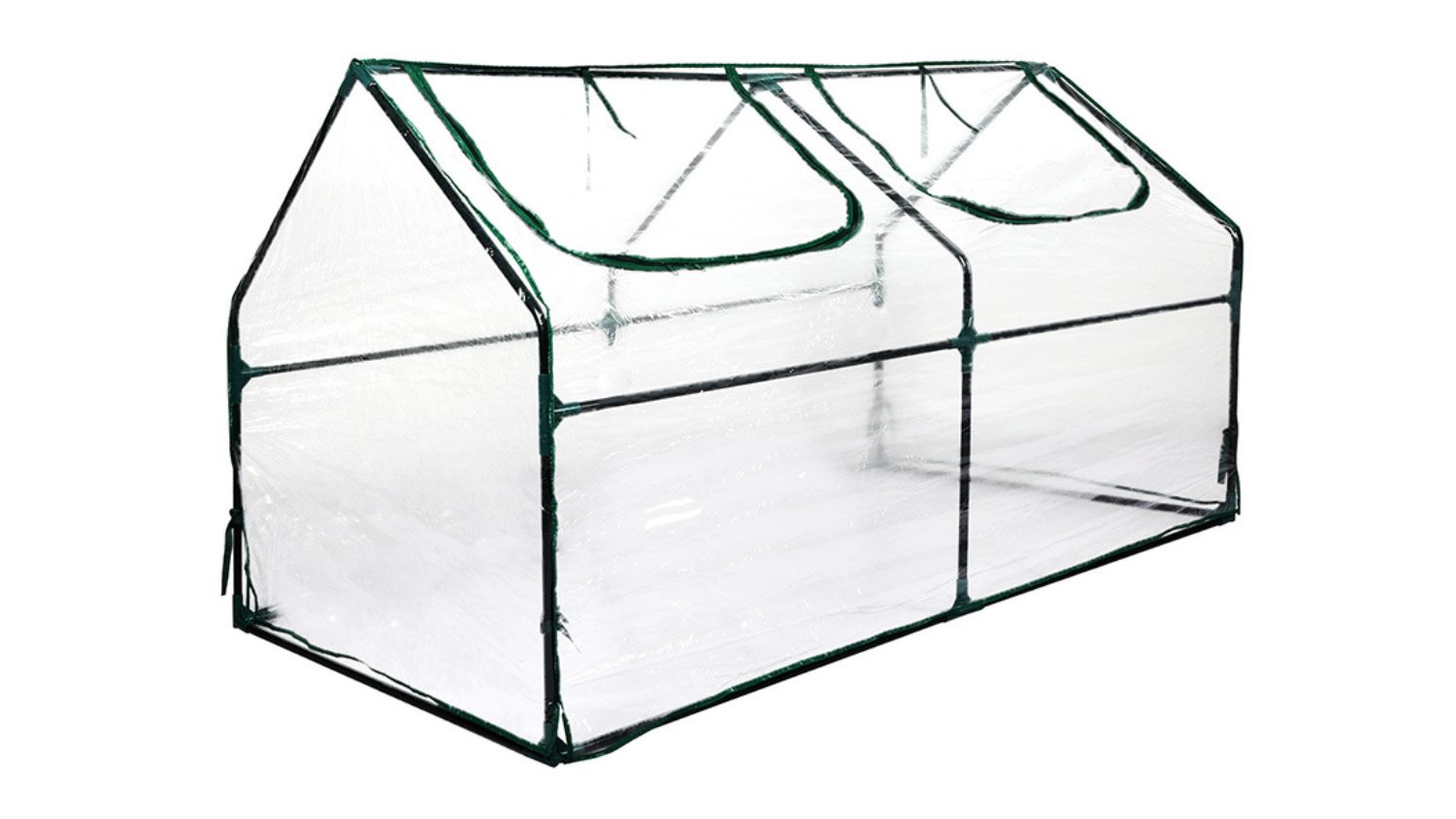 Clear PVC mini greenhouse with a steel frame and two zippered top openings