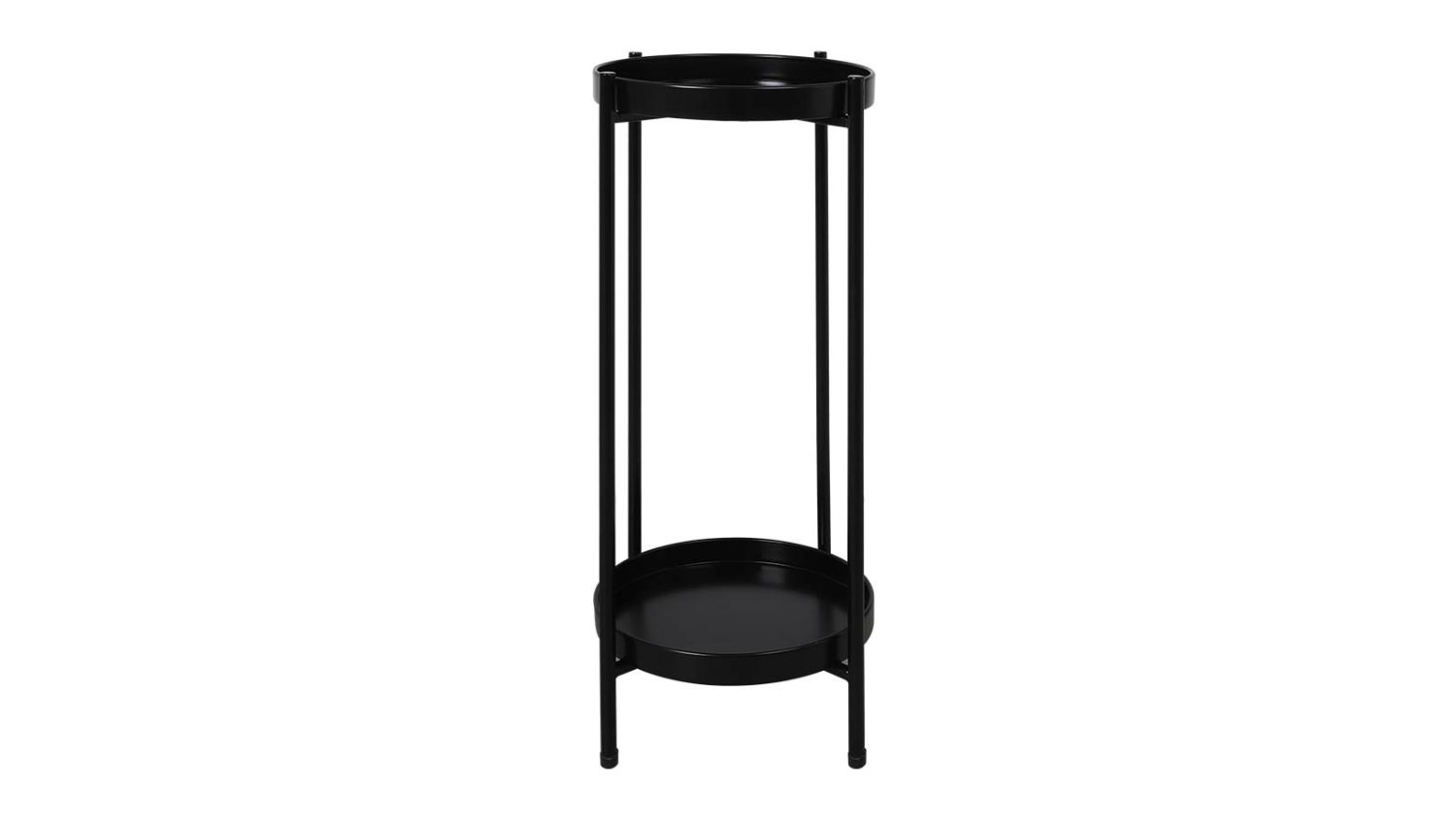 Black two-tier round metal plant stand with four slim legs