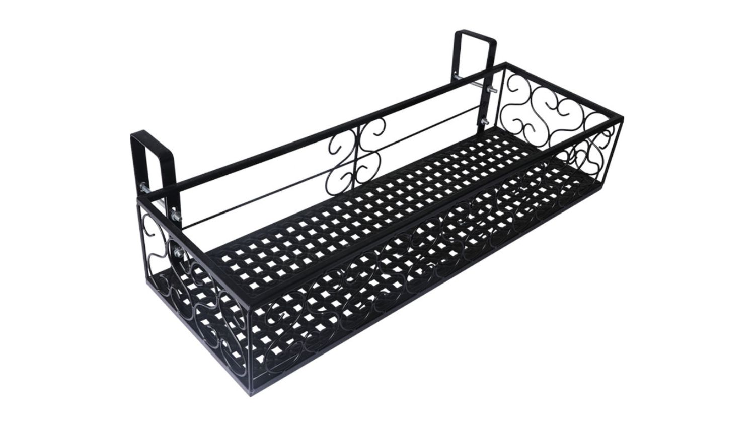 Black rectangular metal hanging plant holder with decorative scrollwork and hooks for mounting on a railing