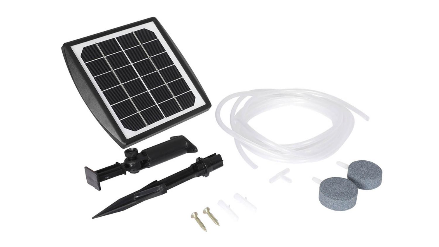 Solar pond aerator kit with solar panel, tubing, mounting stake, connectors, and two round air stones