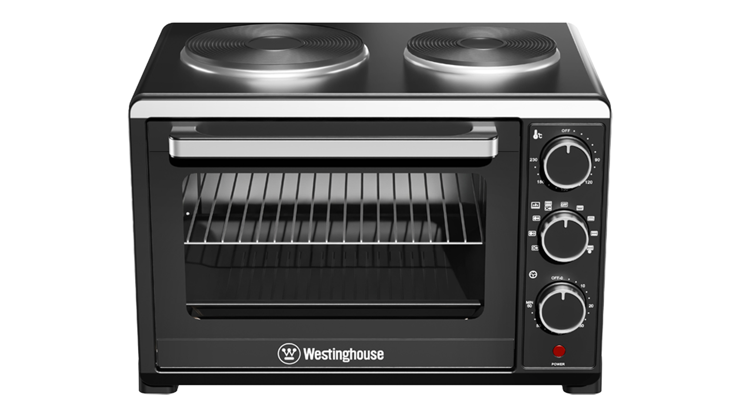 A black Westinghouse 30-litre convection oven with a front glass door, wire rack inside, and two hotplates on top