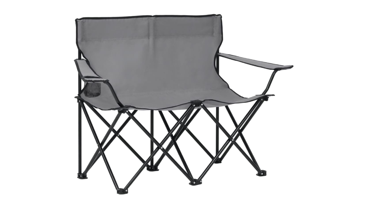 Angled view of a NNEVL grey foldable 2-seater camping chair with armrests and cup holders