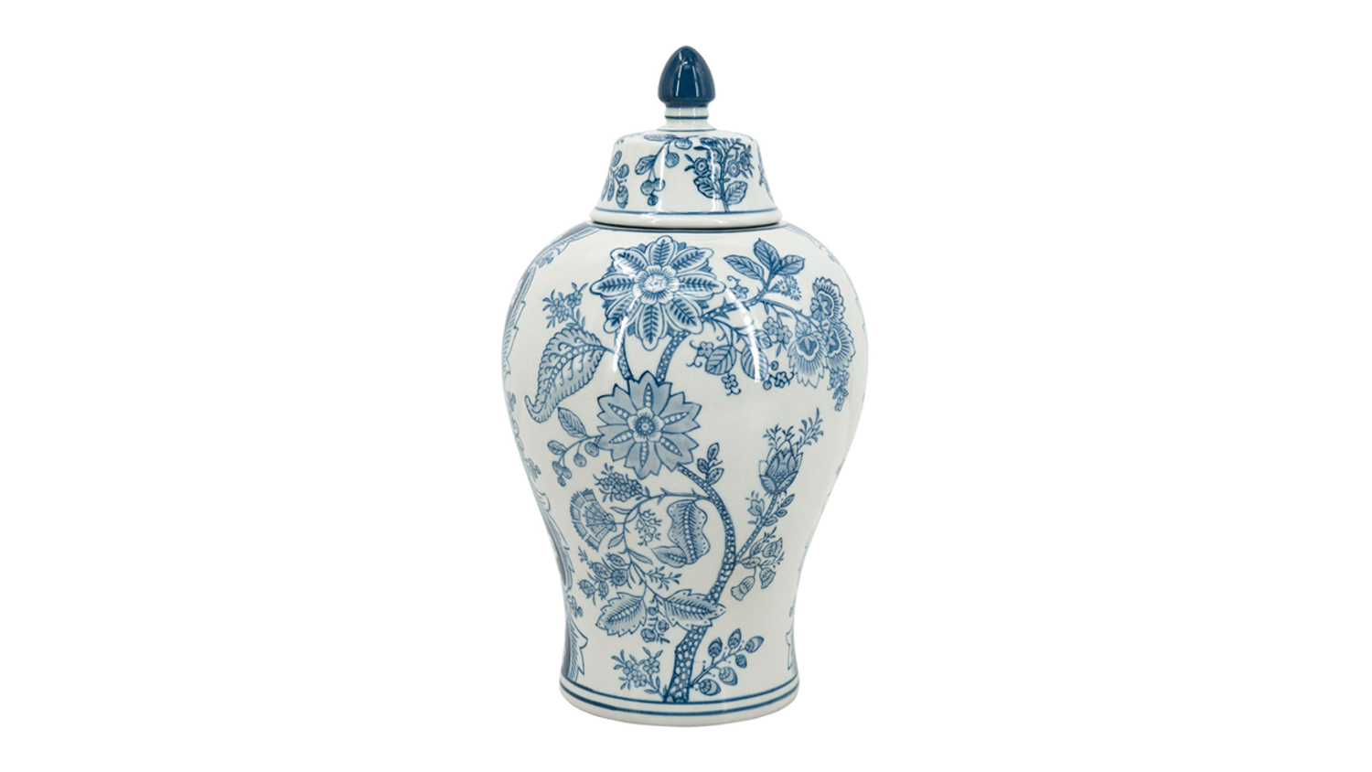 A 32cm white porcelain ginger jar with a domed lid, decorated with blue floral and botanical patterns