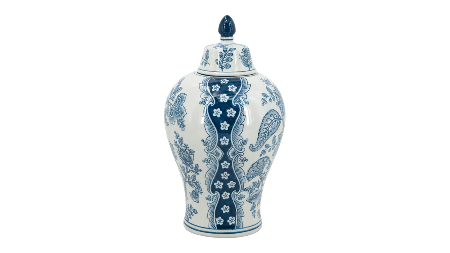 A 37cm white porcelain ginger jar with a domed lid and blue and white floral motifs around the body