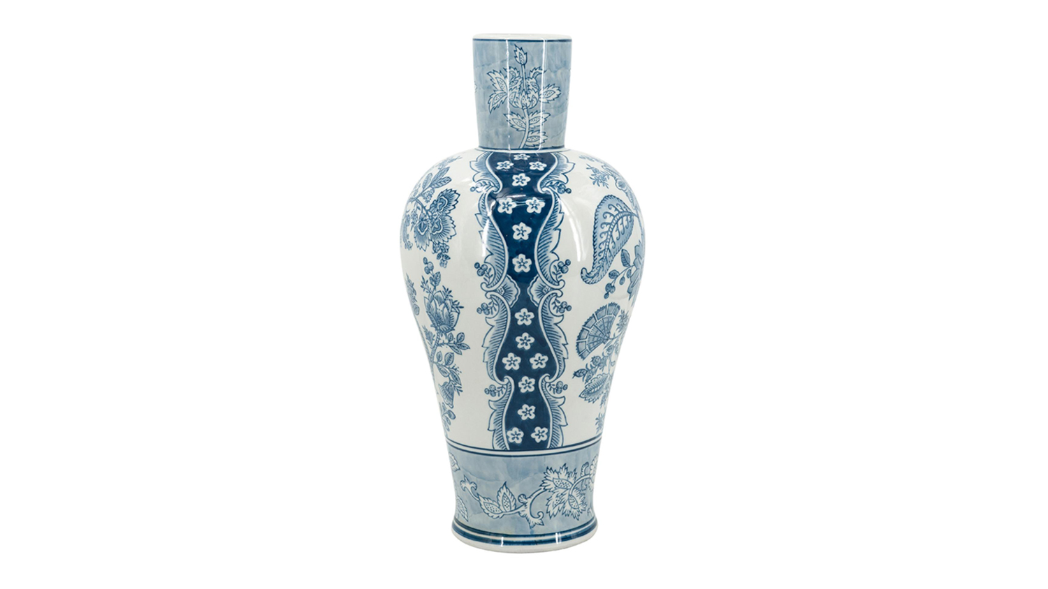 A 43cm white porcelain vase with a narrow neck, decorated with blue floral and botanical patterns