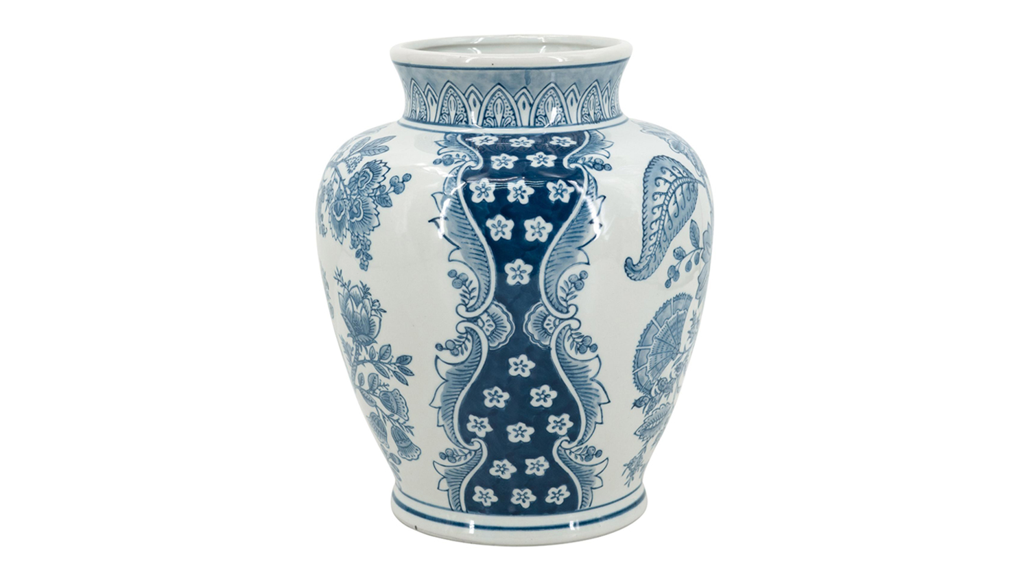 A 28cm white porcelain vase with a rounded body and flared rim, decorated with blue floral patterns