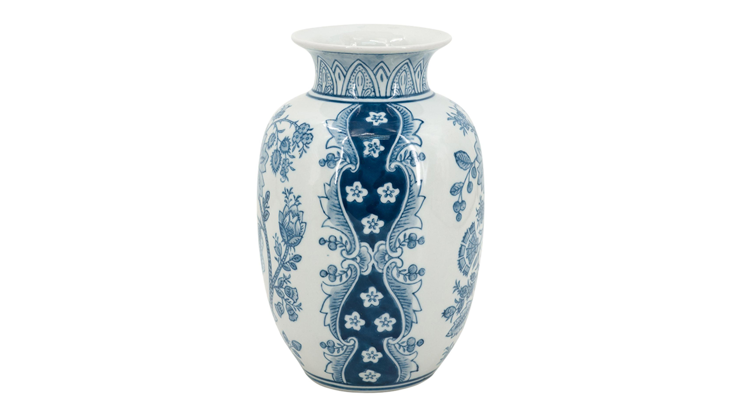 A 22cm white porcelain vase with a wide flared rim, decorated with blue floral motifs