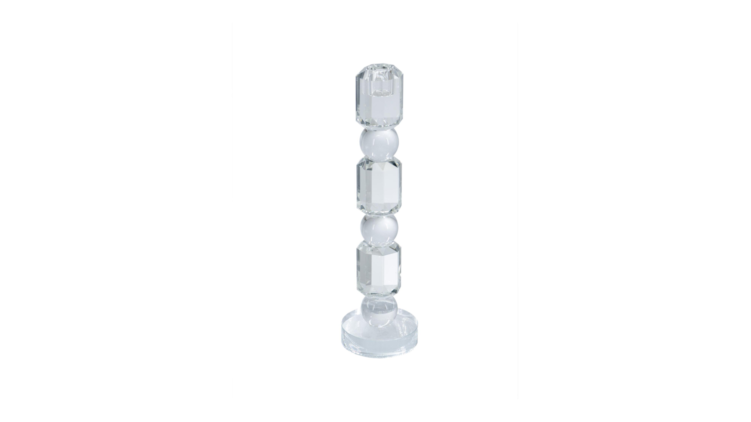 A 28cm taper clear glass candle holder with a stacked geometric bead design on a round base