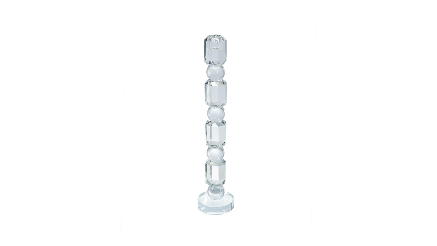 A 37cm taper clear glass candle holder with a stacked geometric bead design on a round base