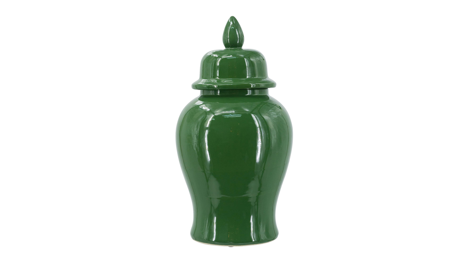 A 48cm glossy green porcelain ginger jar with a domed lid and pointed finial