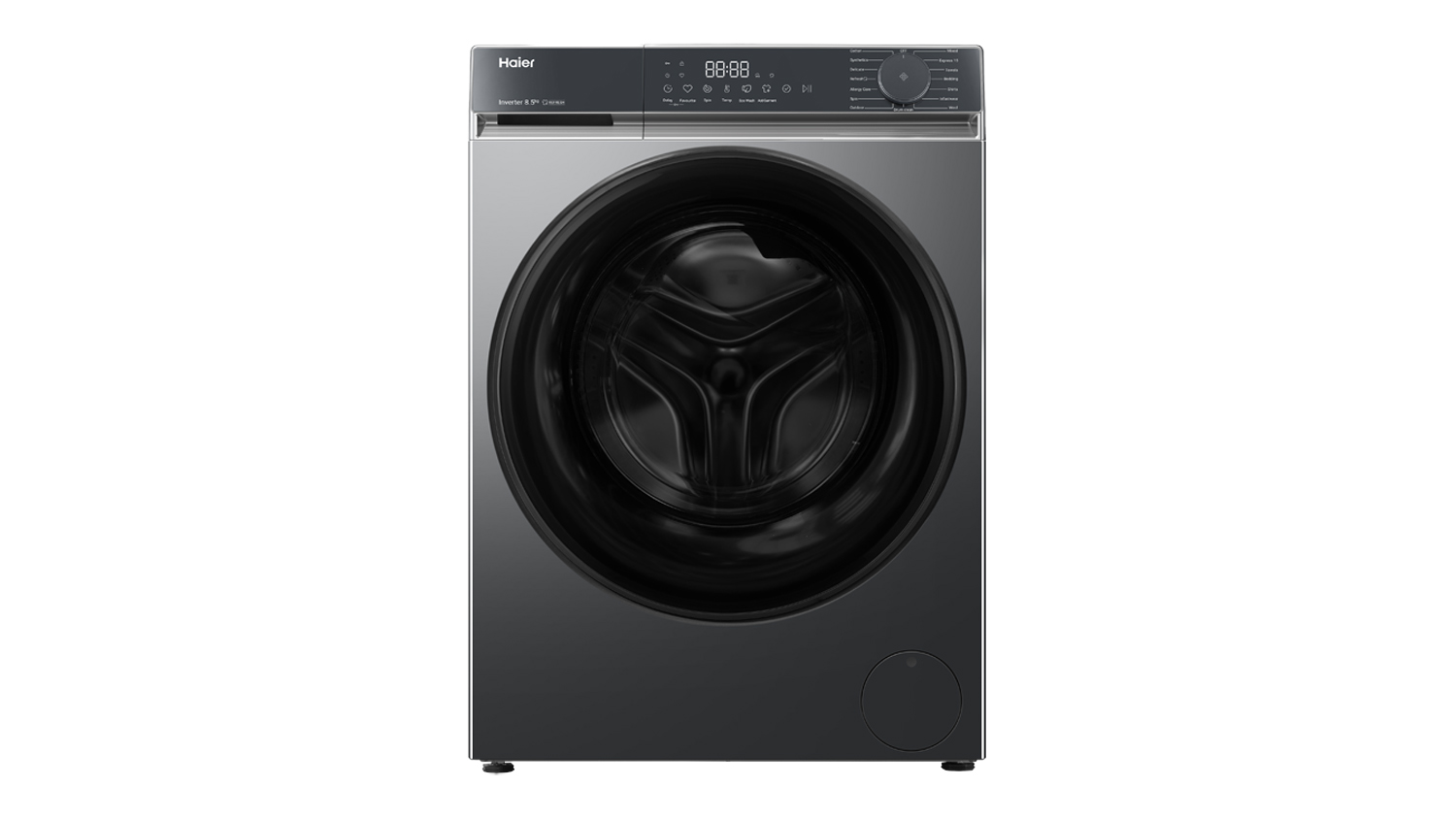 Haier 300 Series 8.5kg Front Loader Washing Machine in a sleek black colour