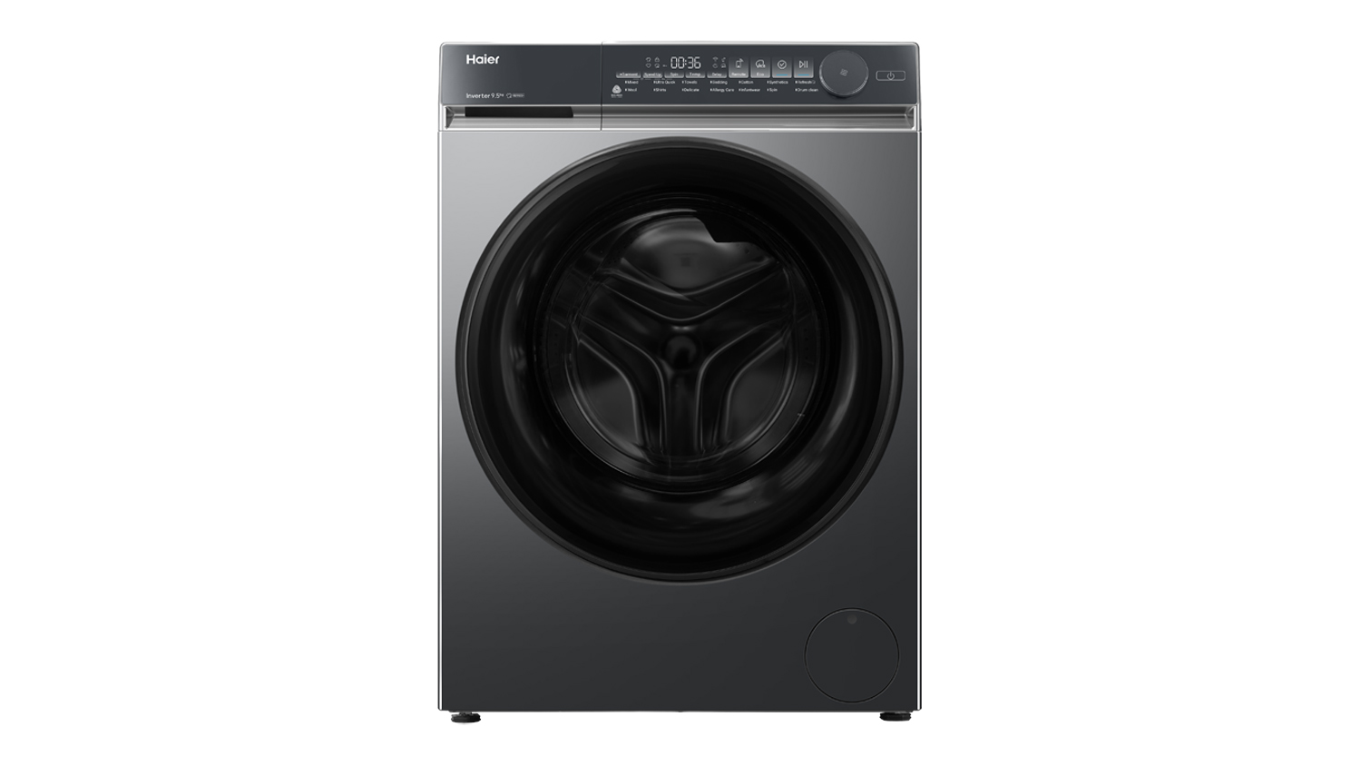 Haier 500 Series 9.5kg Front Loader Smart Washing Machine in a sleek black colour