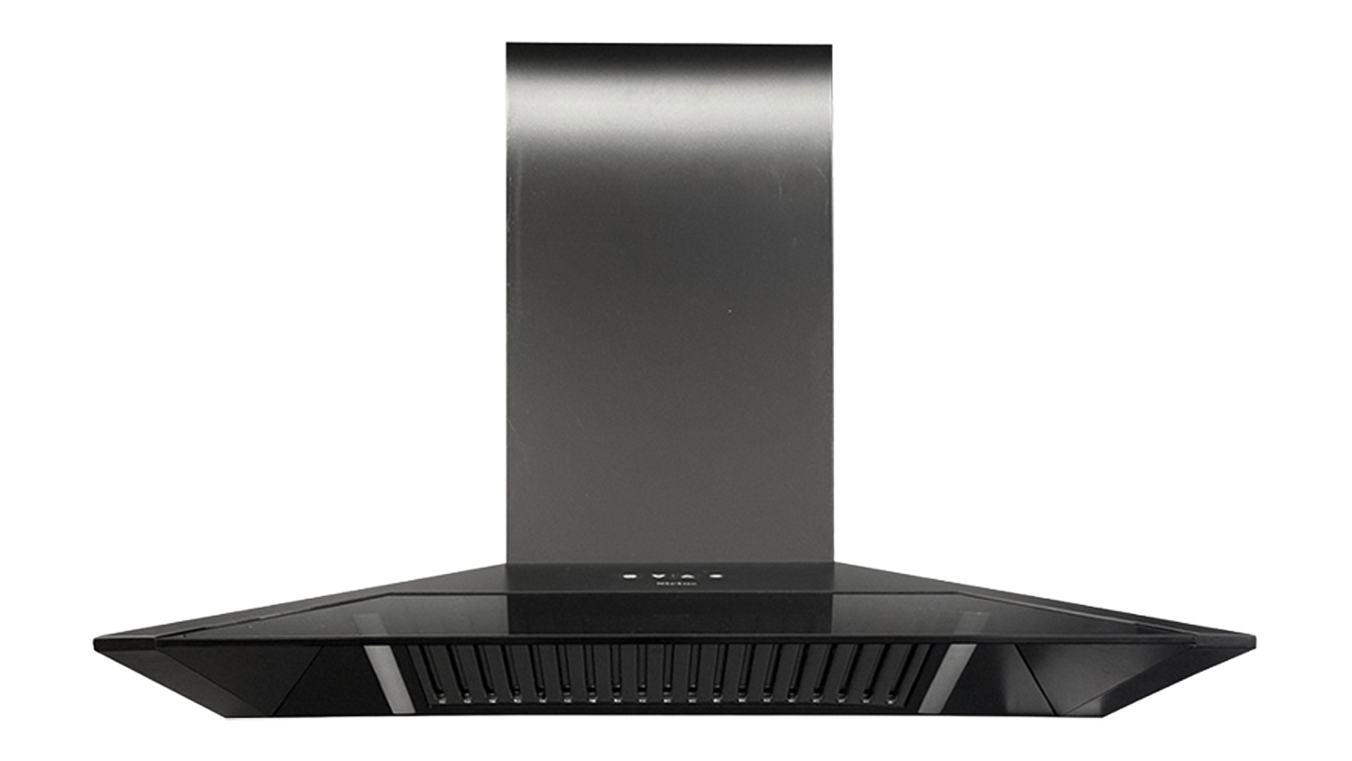 A Sirius 90cm wall-mounted rangehood featuring a sleek black finish and pyramid canopy