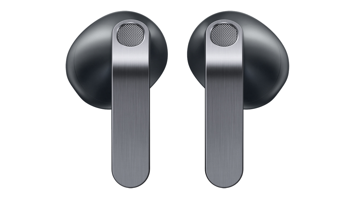 Front view of the two black Samsung Galaxy Buds4 earbuds, showing the outer metal‑textured stems
