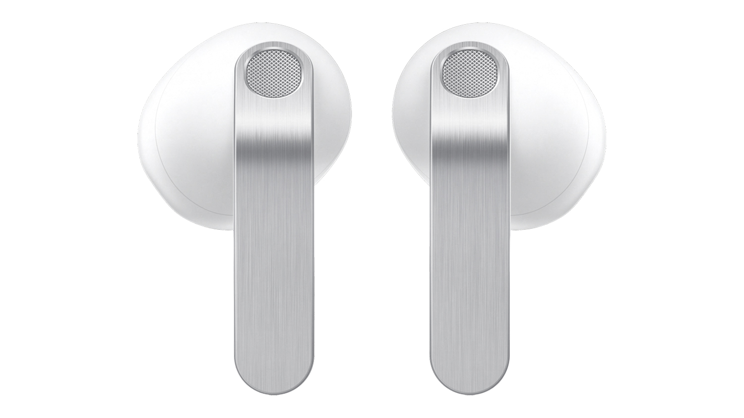 Front view of the two white Samsung Galaxy Buds4 earbuds, showing the outer metal‑textured stems