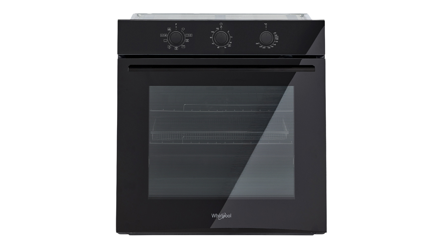 A front view of the Whirlpool 60cm Built‑In Smart Oven in black, showing the glass oven door