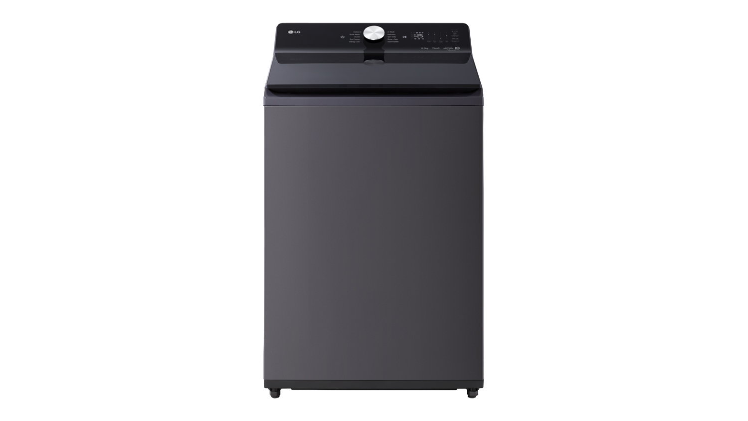 An LG 12kg Top Loader Smart AI Washing Machine in a sleek graphite colour