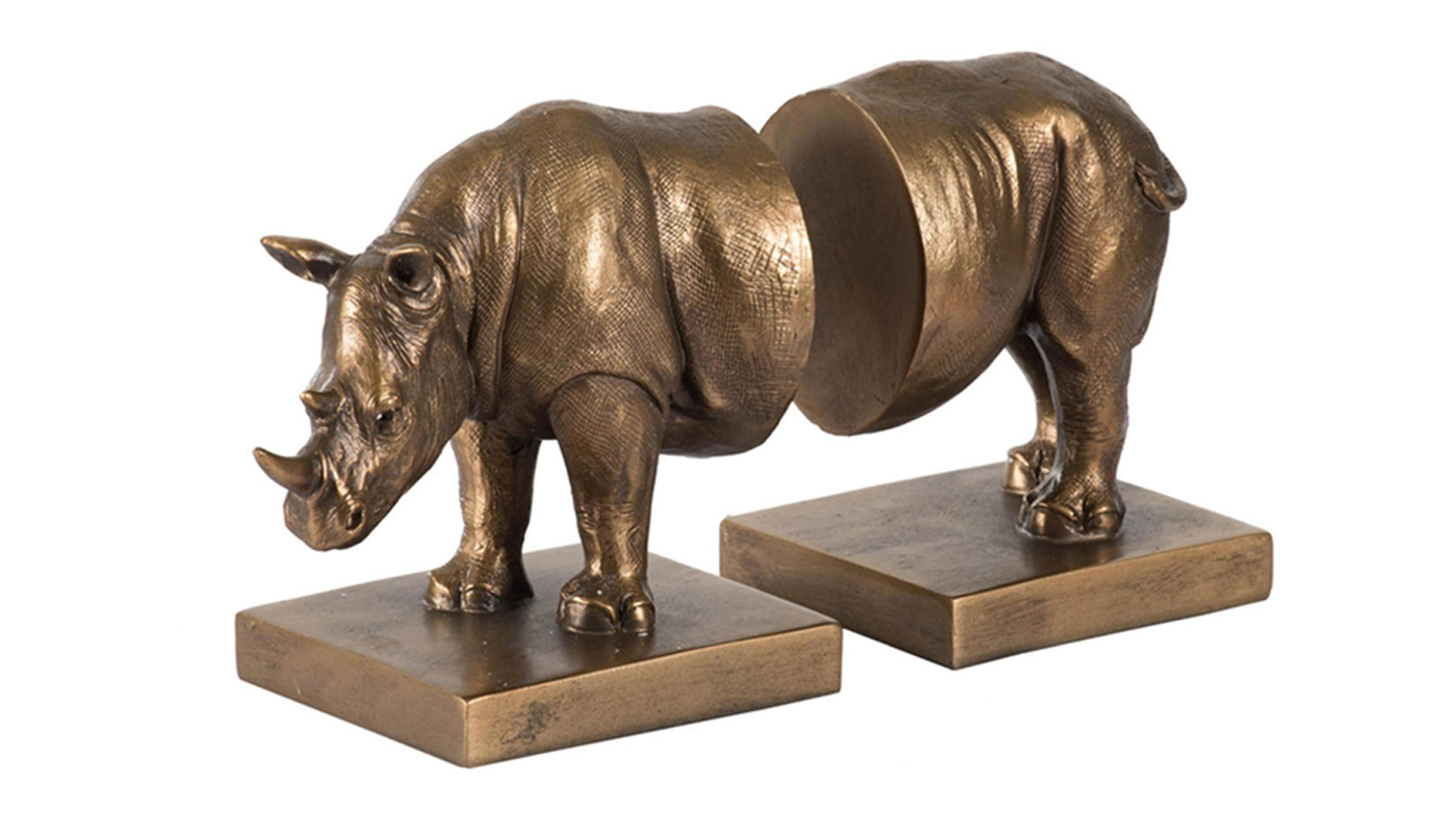 Two gold polyresin bookends shaped as the front and back halves of a rhinoceros