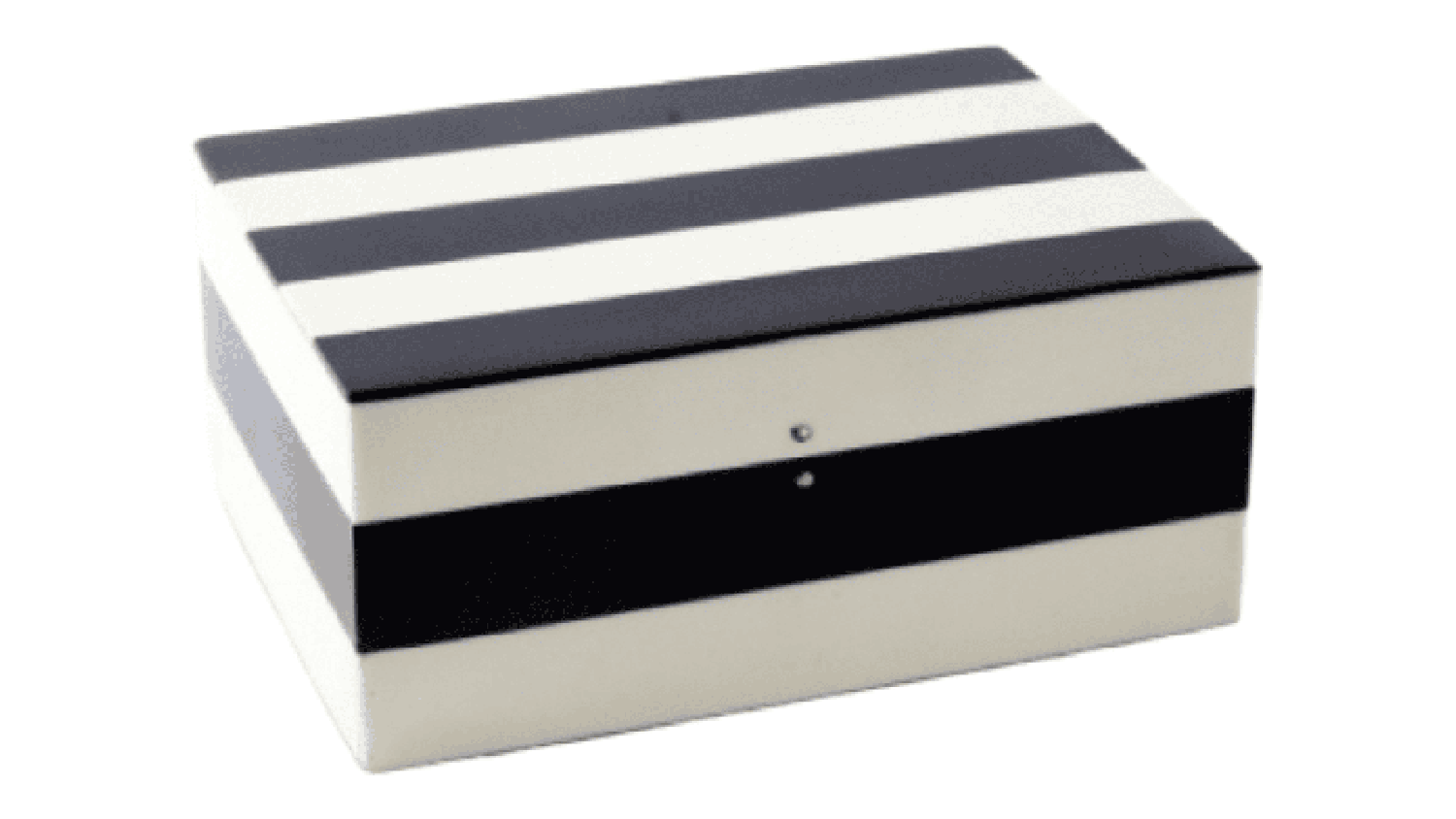 Rectangular MDF designer box with bold horizontal black and white stripes, 8cm height