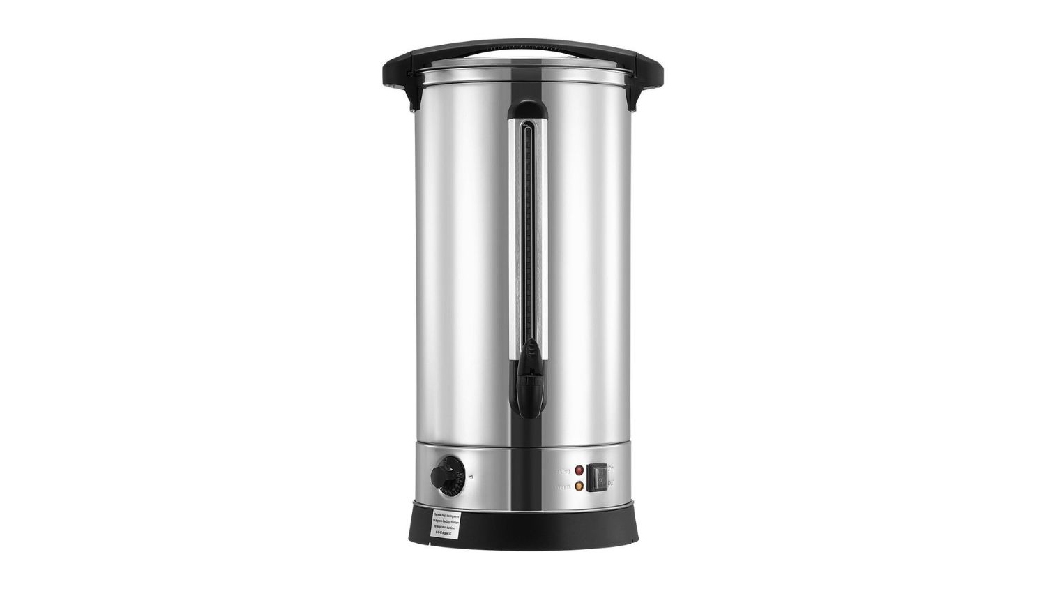 Maxkon 28L Stainless Hot Water URN with a front water gauge, control knob, indicator lights, and a black base