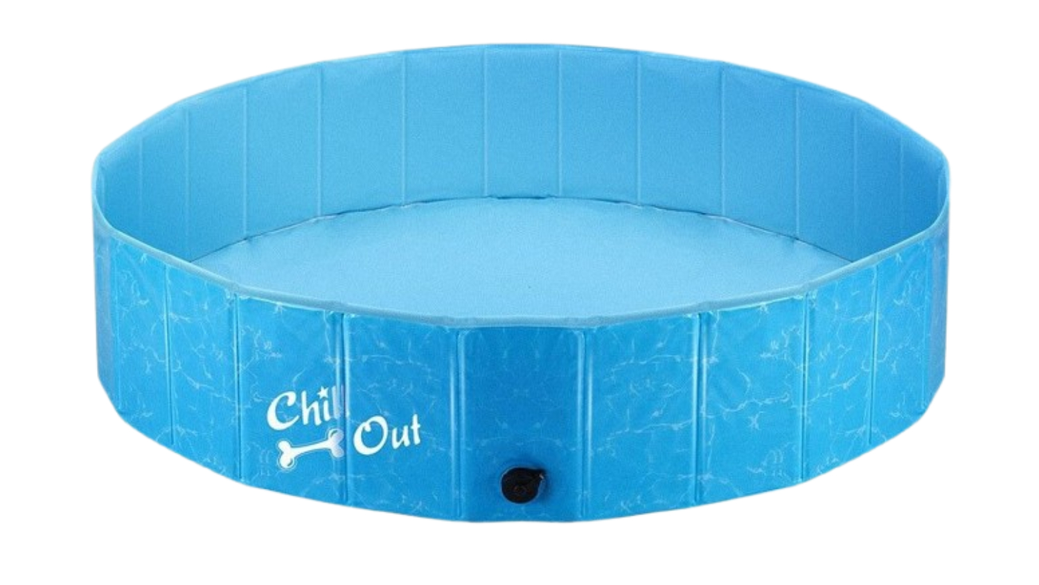 A light blue AFP Portable Dog Pool with ‘Chill Out’ printed on the side