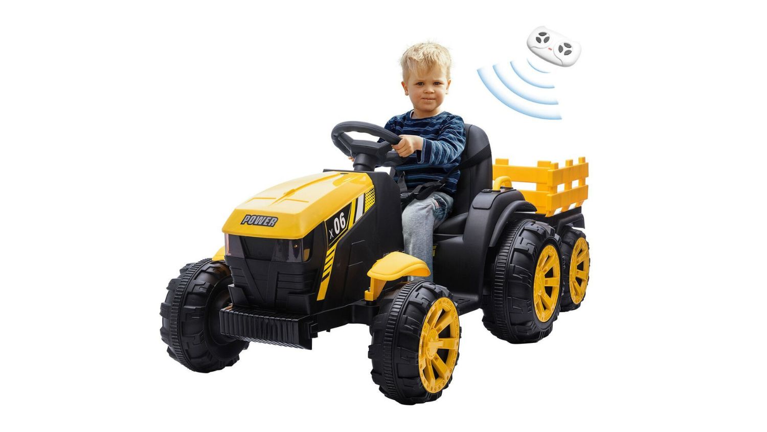 Yellow kids’ ride‑on tractor with trailer and remote control, shown with a child seated and driving the toy vehicle