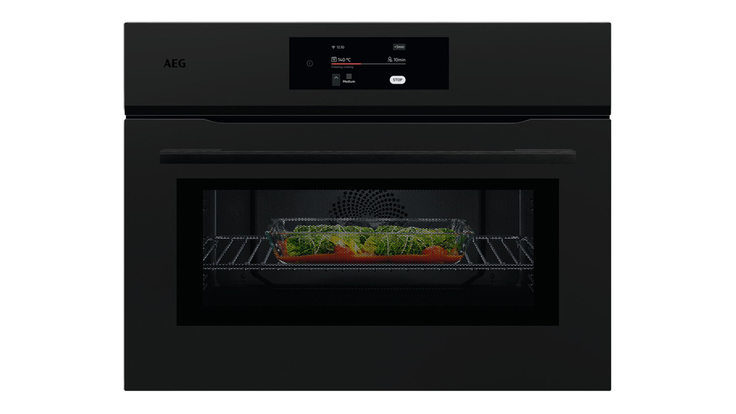 Front view of AEG 8000 Series Built-in Microwave Oven with food cooking inside