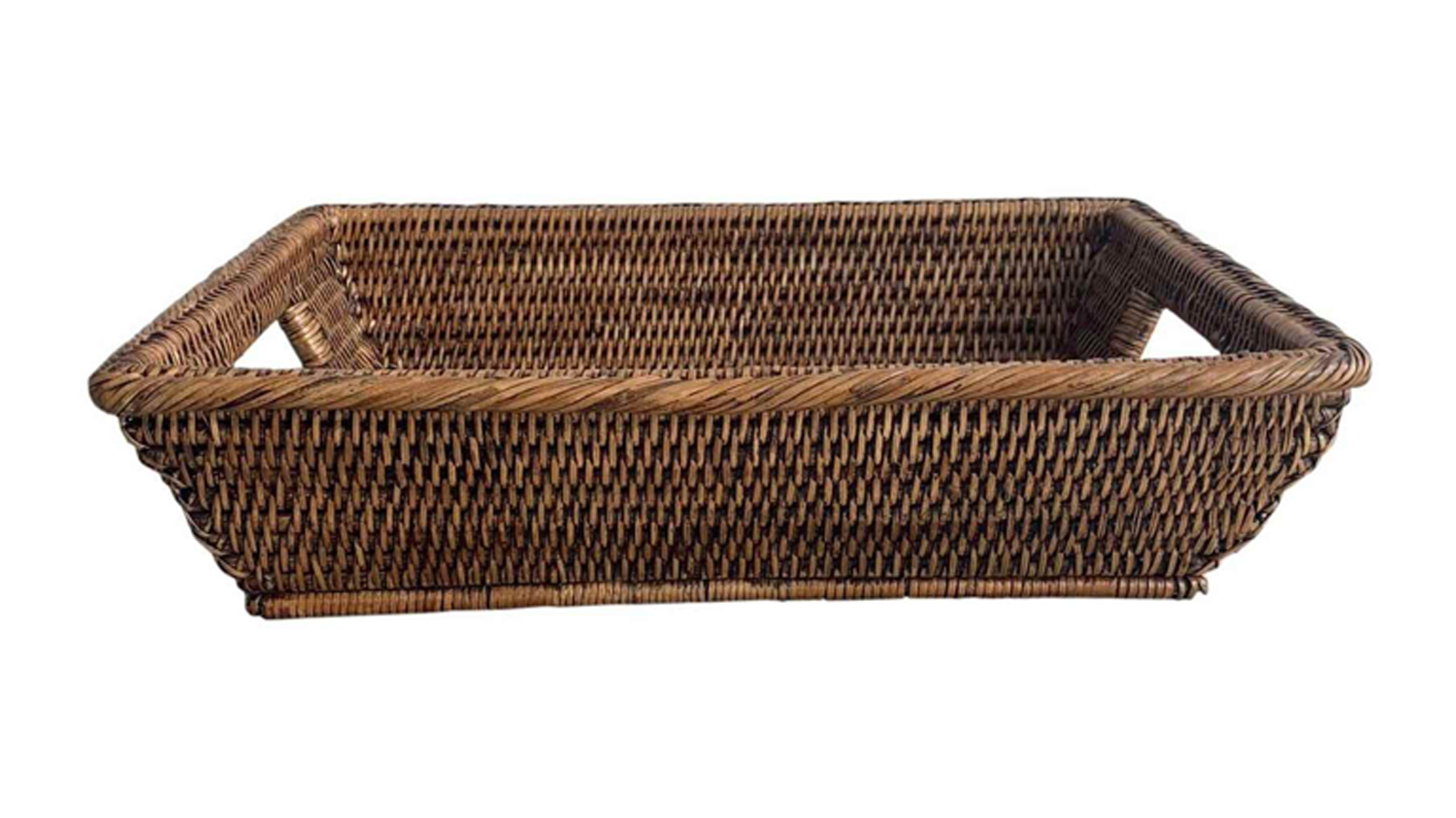Stanley brown rattan tray with woven texture, flared sides, and integrated handgrips