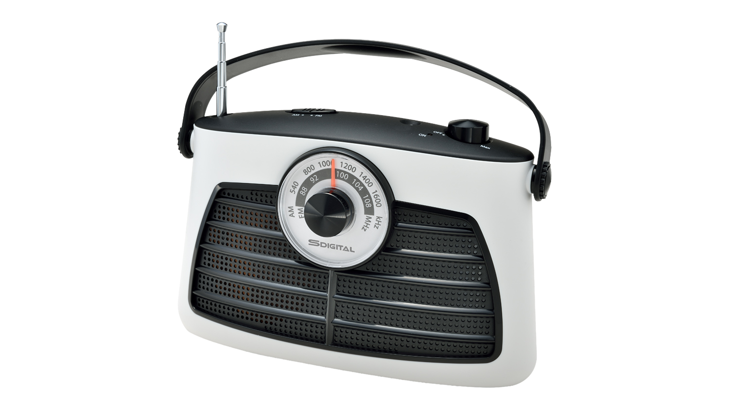 An S-Digital Portable AM/FM Radio in a sleek white colour