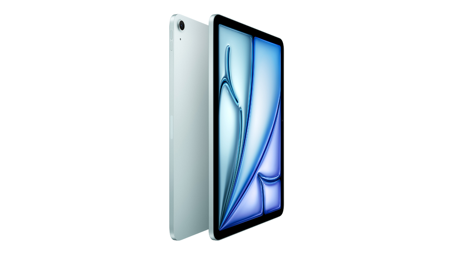 Angled view of the 11‑inch iPad Air in Blue, displaying the front screen design and slim rear casing