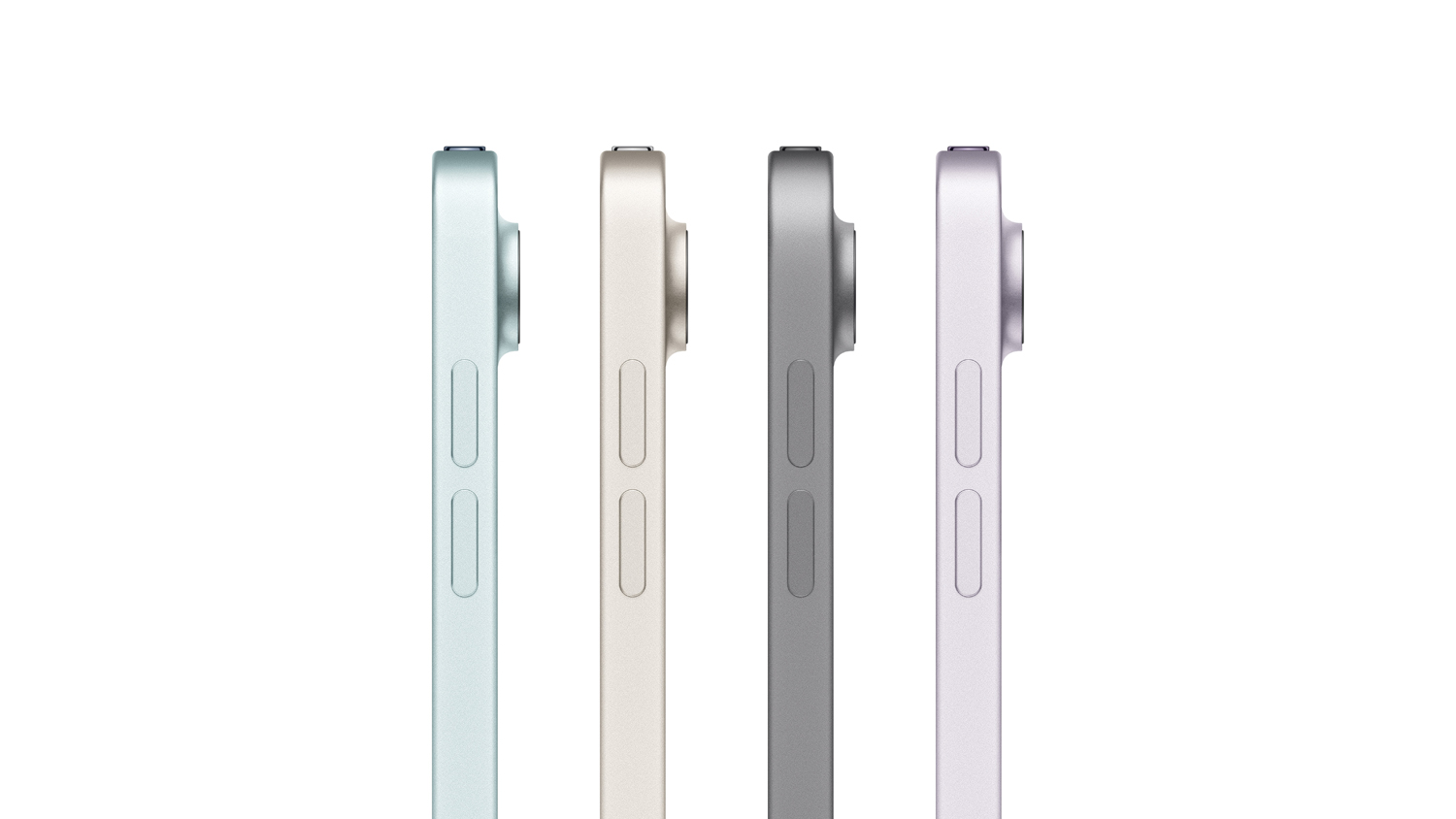 Side profiles of the iPad Air in four colours, highlighting the thin design, camera bump, and volume buttons