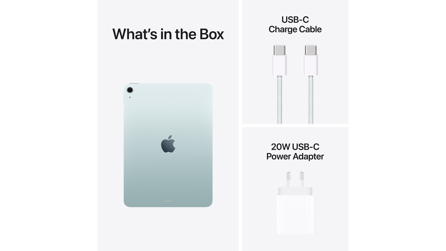 What’s in the box layout showing the iPad Air’s back view, a USB‑C charge cable, and a 20W USB‑C power adapter
