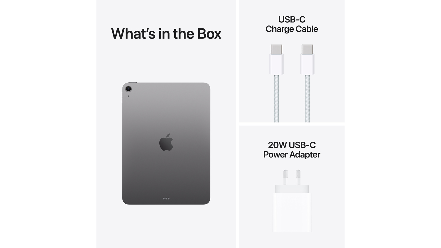 What’s in the box layout showing the iPad Air’s back view, a USB‑C charge cable, and a 20W USB‑C power adapter