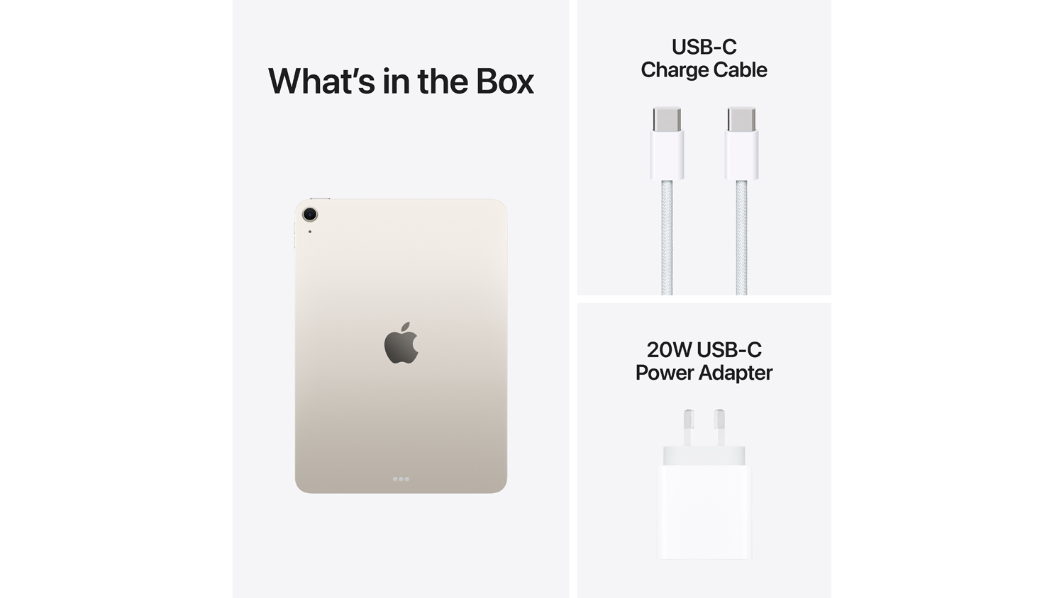 What’s in the box layout showing the iPad Air’s back view, a USB‑C charge cable, and a 20W USB‑C power adapter
