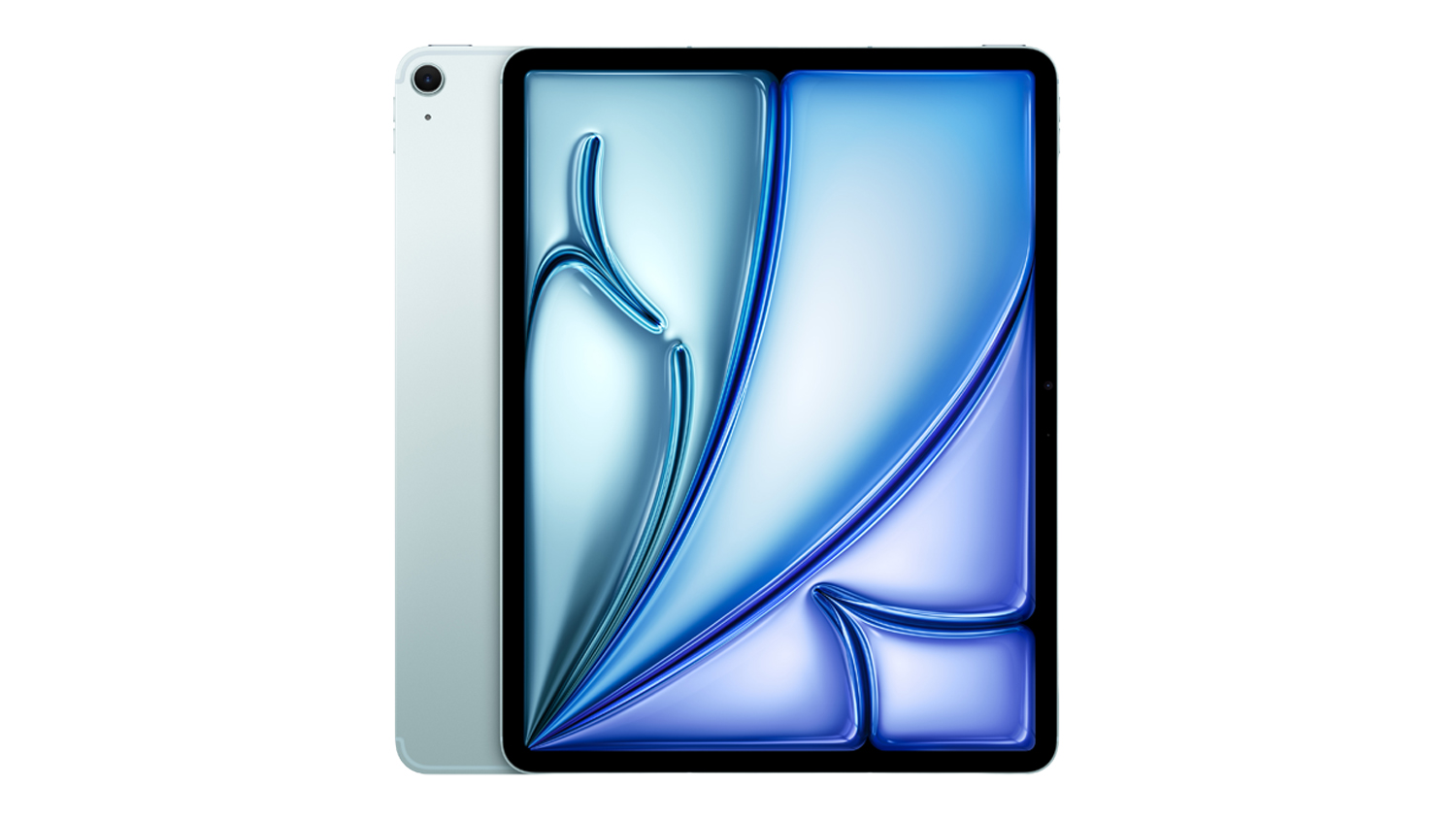 Front and back view of the 13-inch iPad Air in Blue with a unique 3D liquid-style wallpaper