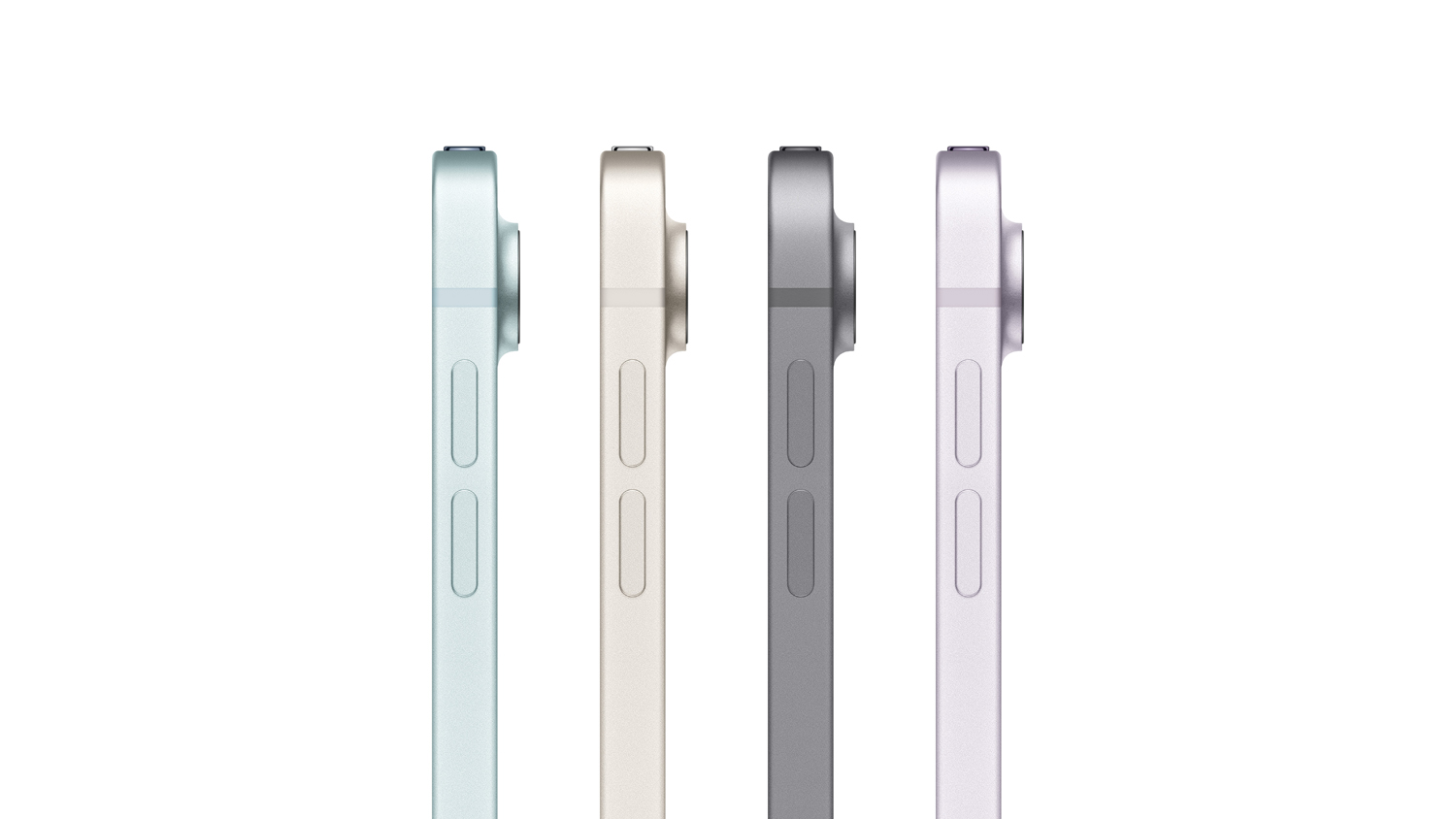 Side profile of four iPad Air units in different colours, including Space Grey, Blue, Starlight, and Purple