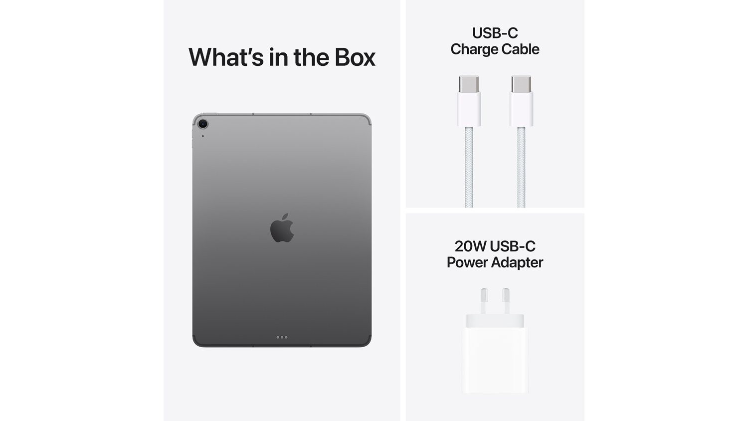 What's in the Box graphic showing iPad Air, USB-C cable, and 20W power adapter