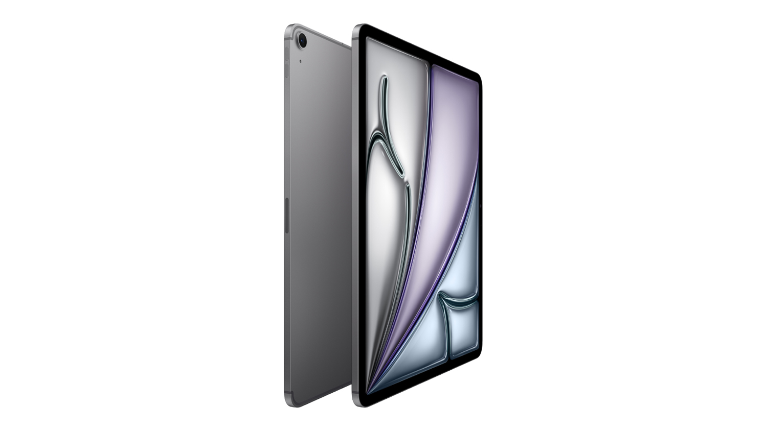 Angled view of the Space Grey iPad Air 2026, highlighting its slim profile and large display