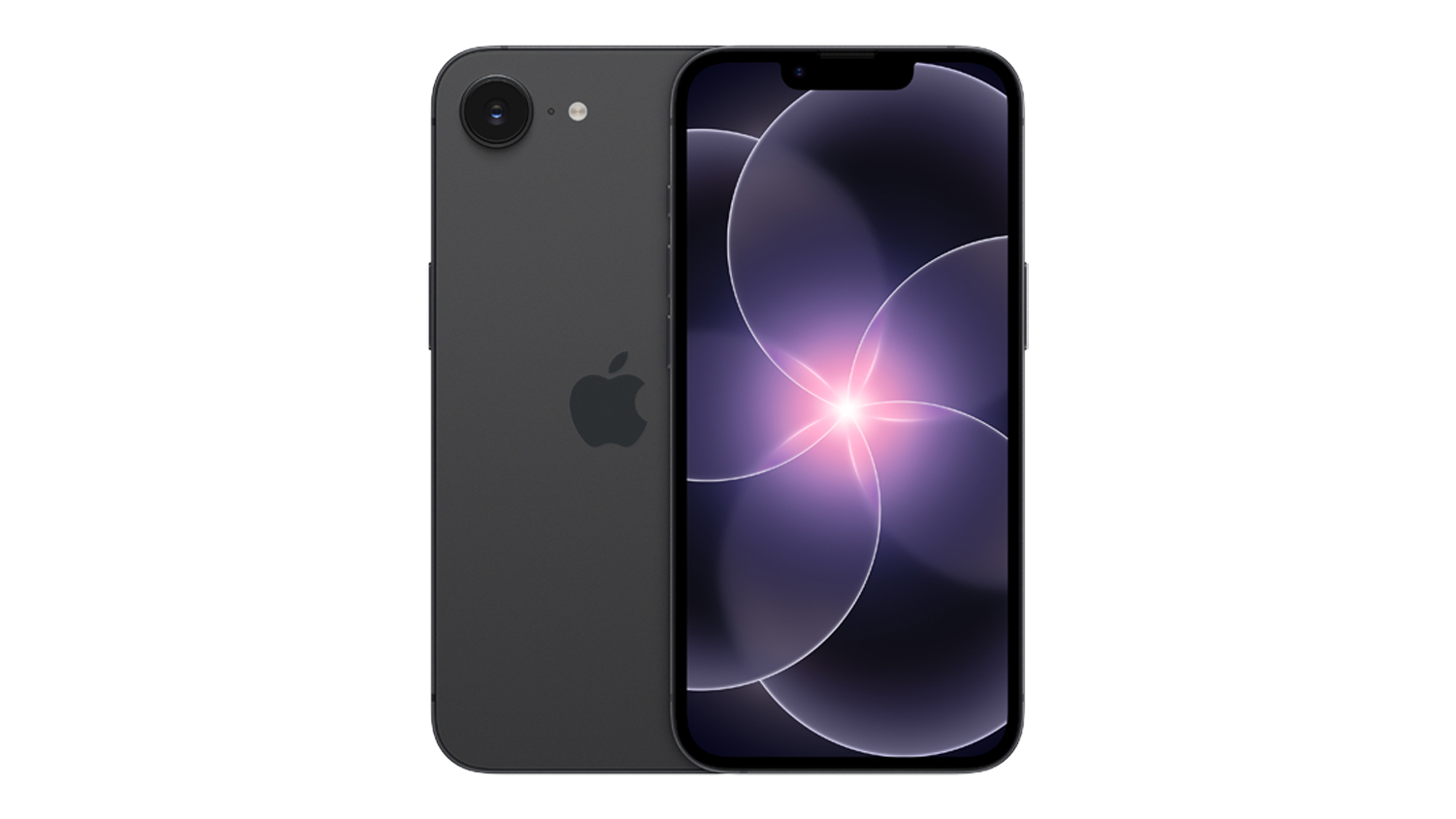 A black iPhone 17e shown from the front and back, featuring a wallpaper and a single rear camera with flash