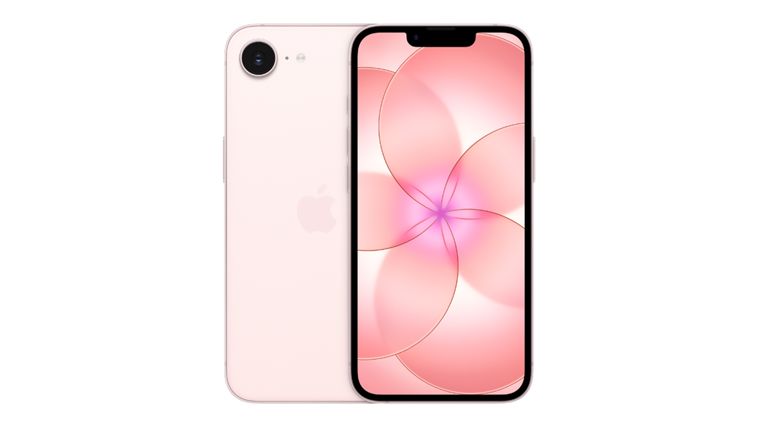 A soft pink iPhone 17e shown from the front and back, featuring a wallpaper and a single rear camera with flash