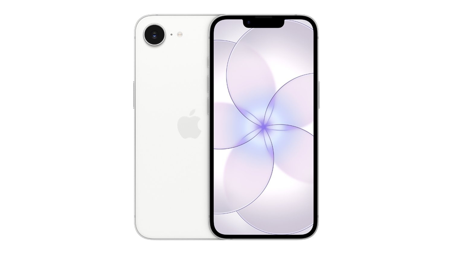 A white iPhone 17e shown from the front and back, featuring a wallpaper and a single rear camera with flash