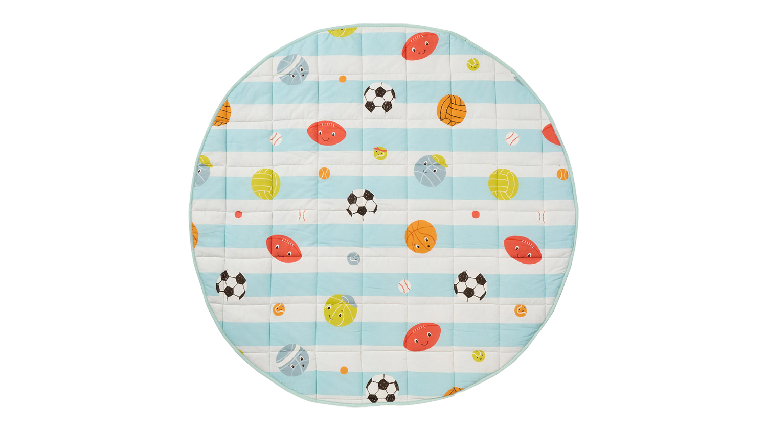 A view of a sports-themed round playmat for kids
